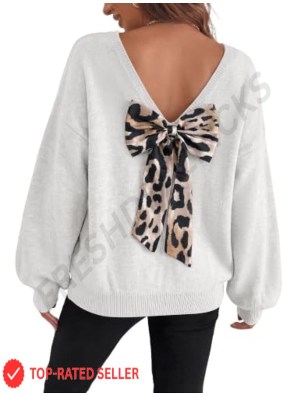 RICHSTORY Women's Back Bow Sweater Crewneck Long Sleeve Leopard Print Pullover